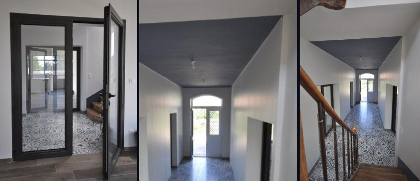 Les différents espaces trouvent une tonalité chaude et naturelle grâce à l'utilisation d'enduits à la chaux réhaussés de pigments chocolatés