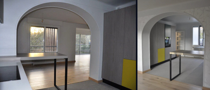 L'espace est continu, fluide entre les volumes de la maison familiale d'origine & l'extension en ossature bois ouverte sur le paysage extérieur ; Bénédicte Langlois choisit la continuité spatiale constituée de pièces à vivre qui glissent l’une vers l’autre, où le dedans et le dehors se mélangent. 