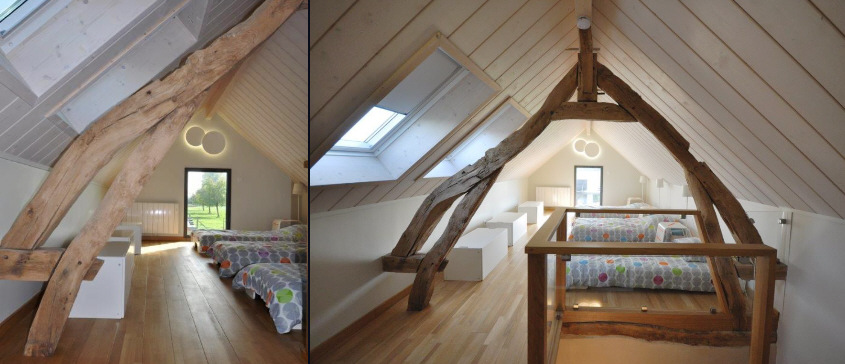 Espace douillet à Rouen renforcé par la présence poétique d'une partie de la charpente & de l'escalier en bois