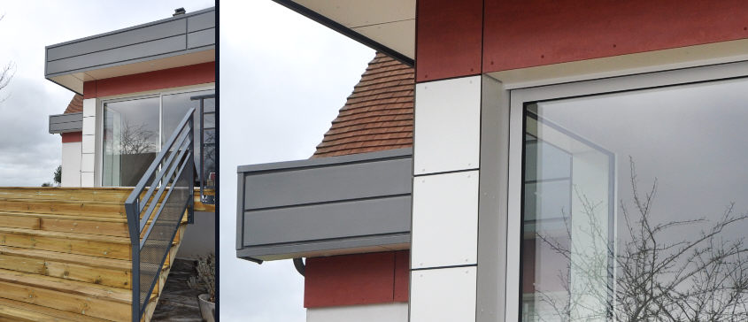 Association de matériaux : panneaux innovants Fundermax, zinc VM Quartz profil à emboîtement, menuiserie alu laqué ou PVC, verre,  pour cette extension de pavillon dans les environs de Rouen