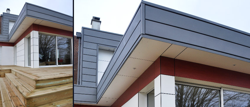 détails d'une extension contemporaine sur un pavillon des années 1970 dans la région de rouen