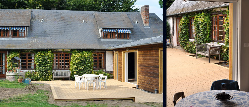 création d'une terrasse contemporaine sur maison ancienne dans la région de lyons la forêt