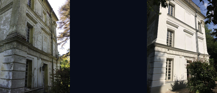 Soin de la pathologie : les solivages en bois ont été intégralement traités ou  changés ;la façade a été totalement remaniée : protection en épaisseur du support rustique (maçonnerie en moellons de pierre) ; masquage des irrégularités des matériaux (pierres endommagées) reprise des éléments esthétiques avec plâtre & staff soit une intervention de soin, de correction, de finition à la fois structurelle, technique, esthétique toutes avec une dimension pérenne.